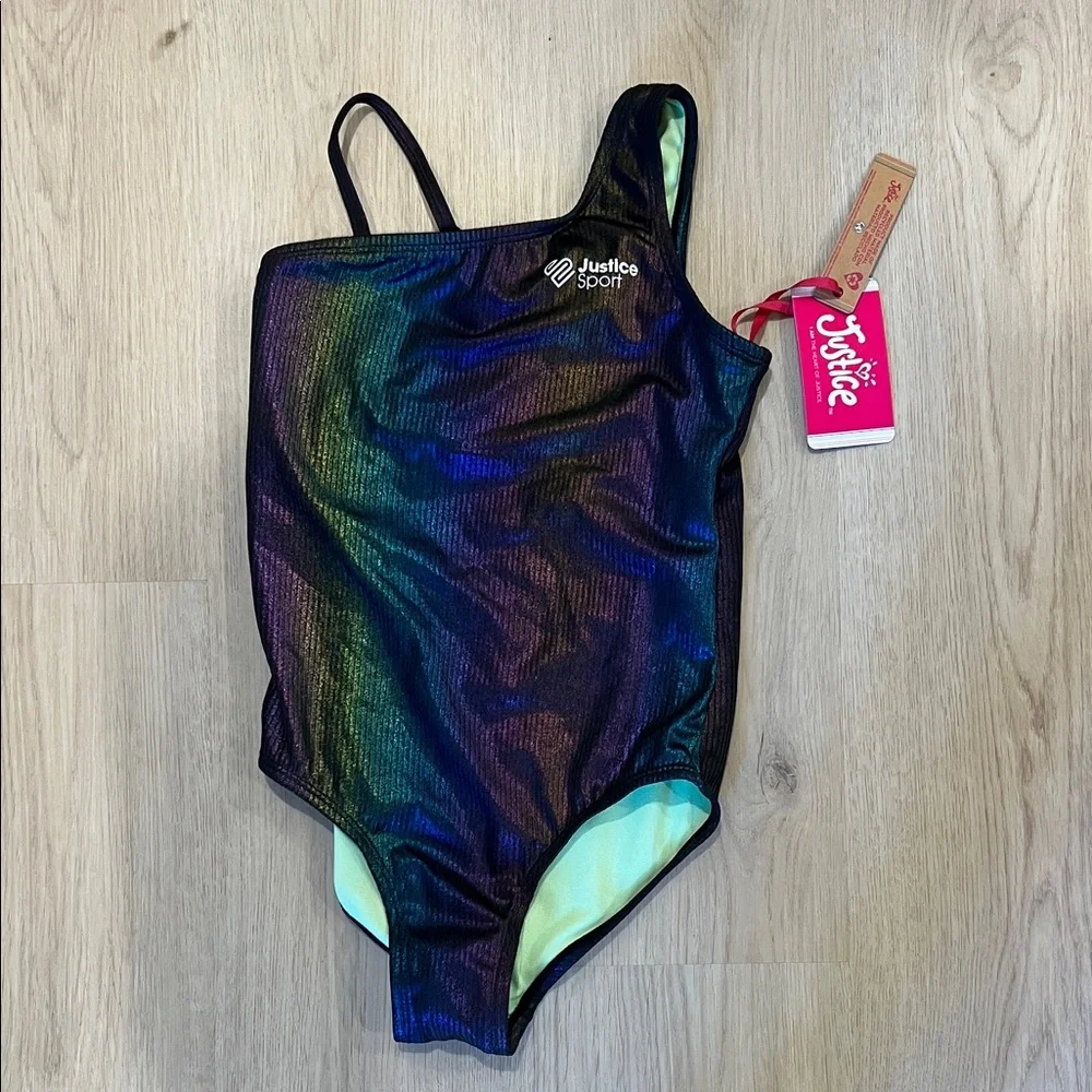 NWT Justice Size Medium Kids Iridescent One Piece Swimsuit